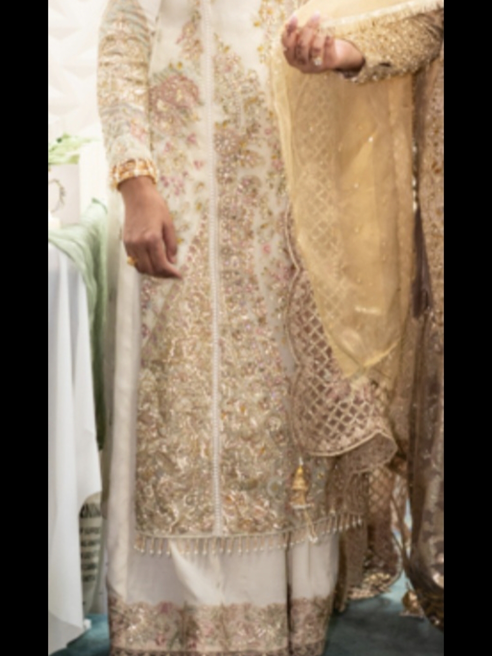 Embroidered Ivory Long-Sleeve Formal Dress with Pink Accents